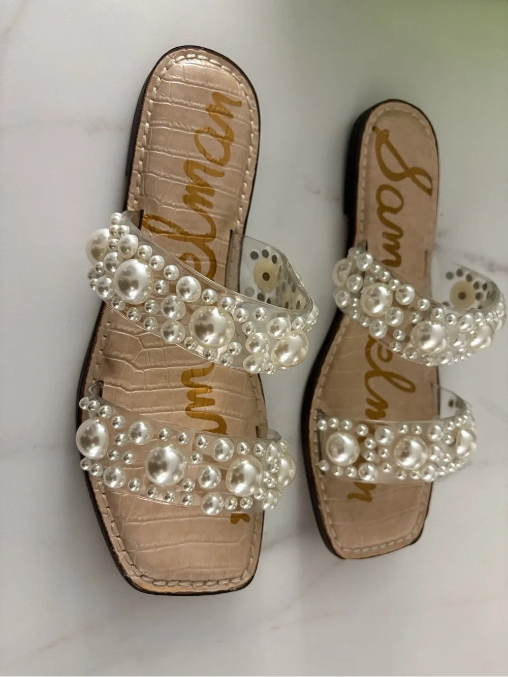 Sam Edelman Pearl-Embellished Clear Double-Strap Slide Sandals - Ivory/Clear